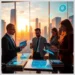 A team of professionals in a glass-walled office reviewing holographic charts and devices that depict the 6 phases professional audit process.