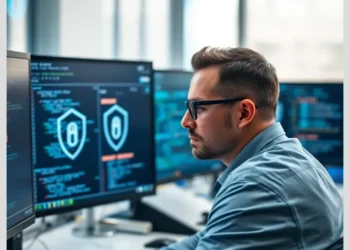 Security analyst at a multi-monitor workstation reviewing code and shield icons representing system protection, highlighting advanced audit certifications cisa oscp cissp.
