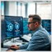 Security analyst at a multi-monitor workstation reviewing code and shield icons representing system protection, highlighting advanced audit certifications cisa oscp cissp.