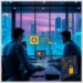 Security analysts in a modern office reviewing api security audit rest vs graphql vulnerabilities on multiple monitors with city skyline backdrop.