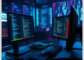 Hands typing at a dual-monitor cyber lab with colorful code displays representing attack simulation tools cobalt strike metasploit.