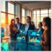 Business professionals using audit reporting tools on transparent data dashboards