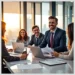 Business professionals smiling around laptops in a boardroom discussing audit success stories real client testimonials.