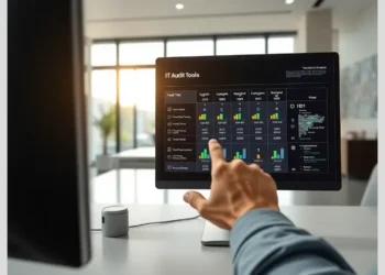 Hand pointing at a monitor displaying an audit tools price feature comparison dashboard with charts and metrics.