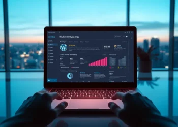 Hands on a laptop displaying a dark WordPress security dashboard with charts, metrics, and the WordPress logo highlighting best tools automated wordpress vulnerability scanning 2025