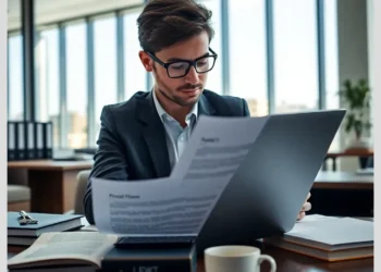 Business professional in an office reading documents and laptop about breach notification legal obligations best practices