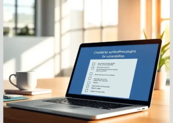 Laptop on a wooden desk displaying a checklist auditing wordpress plugins vulnerabilities for plugin security review