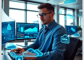 IT analyst reviews multiple analytics screens and holographic cloud icons to illustrate cloud audit lessons real world scenarios.