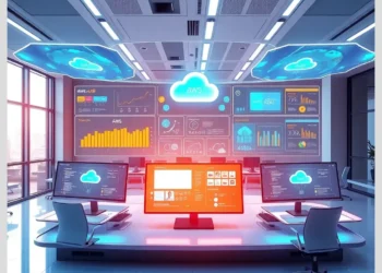A modern command center with screens and cloud icons displaying analytics for cloud audit simulators aws azure scenarios