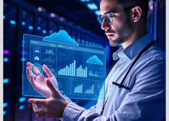 Engineer interacting with a holographic dashboard showing cloud audit tools and analytics in a server room.