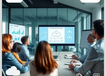 A group of professionals in a conference room watching a cloud audit dashboard on a large screen during cloud audit webinars learn experts session.