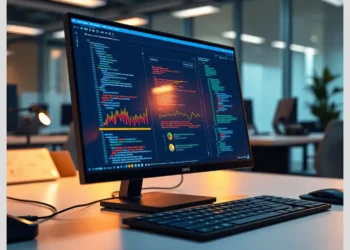 Desktop monitor showing source code, performance charts and dashboards from code analysis tools.
