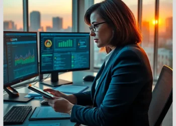 Professional analyst reviewing compliance audit gdpr iso 27001 pci dss essentials dashboards on dual monitors and a smartphone in an office at sunset.