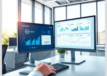 User viewing a dual-monitor compliance platforms comparison dashboard with bar charts and line graphs at a bright office desk
