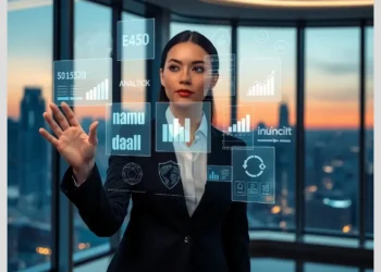 A businesswoman in a modern office using a holographic interface showing compliance tools and data analytics