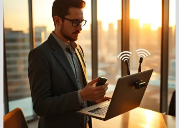 Executive in a sunlit office holding a laptop with external antennas and a smartphone illustrating a corporate wifi audit real world vulnerabilities scenario.