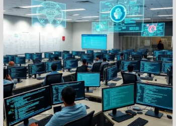 A large training room with rows of monitors showing code and people working together to practice ctf labs auditors practice skills.
