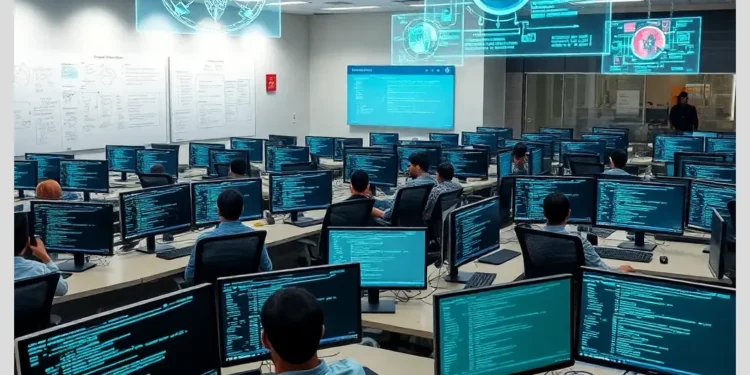 A large training room with rows of monitors showing code and people working together to practice ctf labs auditors practice skills.