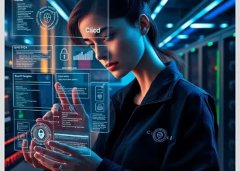 IT professional manipulating holographic security panels for devsecops audit integrating security ci cd.