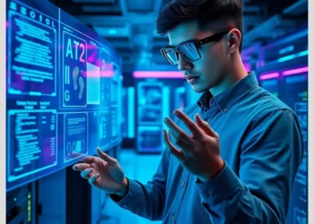 Young analyst interacting with holographic touchscreens and server racks during a digital investigation in digital forensics courses learn real labs.