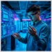 Young analyst interacting with holographic touchscreens and server racks during a digital investigation in digital forensics courses learn real labs.