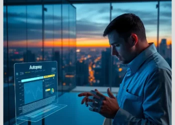 Man in an office examining a holographic Autopsy investigation screen, illustrating digital forensics tools autopsy ftk imager magnet axiom.