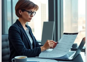Business professional in an office carefully reviewing a printed gdpr audit step step checklist best practices while referencing a laptop