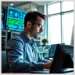 IT analyst at a workstation monitoring medical dashboards and security logs while hipaa audit healthcare data security explained through on-screen indicators