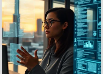 Woman with glasses interacting with transparent audit dashboards and code on a screen demonstrating how audit document wordpress change management processes.