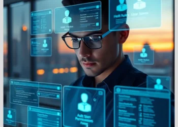 A focused professional examines floating holographic user panels and access lists to learn how audit manage wordpress user roles capabilities.