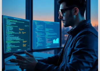 A developer examines code and performance graphs on dual monitors while planning how audit optimize wordpress caching security speed.