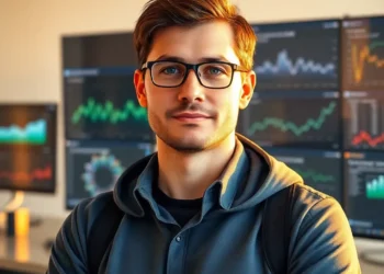 Young analyst standing before multiple monitors with charts, illustrating how audit optimize wordpress core web vitals