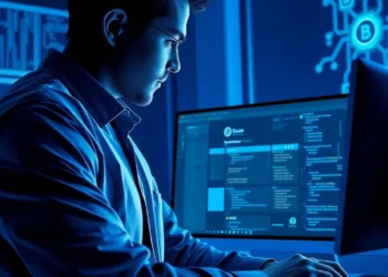 Person at a workstation reviewing code and a security dashboard to learn how audit secure wordpress api integrations third party services