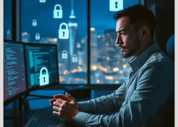 Developer at workstation with code and padlock overlays illustrating how audit secure wordpress api keys secrets.