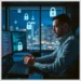 Developer at workstation with code and padlock overlays illustrating how audit secure wordpress api keys secrets.