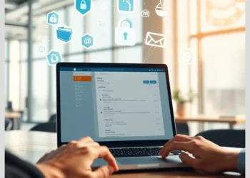 Hands typing on a laptop showing an email settings dashboard with security icons illustrating how audit secure wordpress email sending configurations.