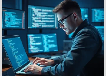 A focused developer at a laptop and multiple monitors reviewing code while learning How to audit and secure WordPress file permissions.