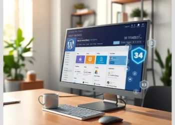 Desktop monitor showing a WordPress media dashboard that demonstrates how audit secure wordpress media library uploads with visible security metrics