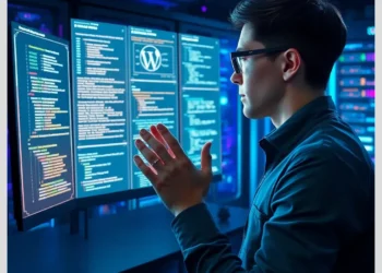 Engineer examining multi-screen WordPress code and server logs to demonstrate how audit secure wordpress redirects rewrite rules.