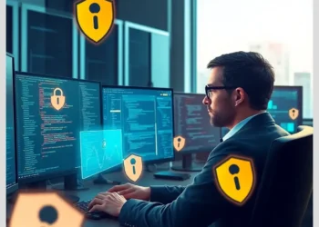 Developer at multiple monitors reviewing code and security shield overlays illustrating how audit secure wordpress xml rpc endpoints.