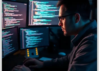 Developer at a multi-monitor workstation inspecting code to demonstrate how audit wordpress directory listing vulnerabilities.