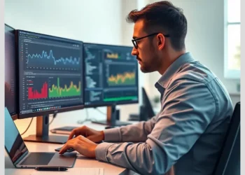 Professional analyzing multi-screen performance graphs to understand how audit wordpress excessive resource usage performance bottlenecks