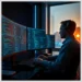 Developer at a multi-monitor workstation reviewing code and logs to evaluate how audit wordpress hosting environments security risks.