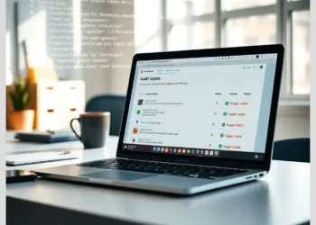 Laptop on a desk showing an audit update dashboard to illustrate how audit wordpress outdated plugins themes.