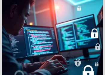 Developer at a multi-monitor workstation reviewing code with lock icons illustrating how audit wordpress unauthorized file uploads.