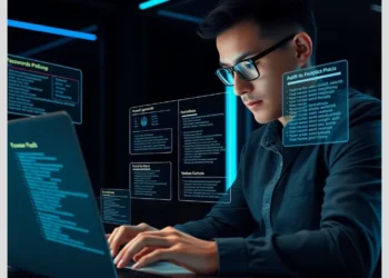Engineer reviewing holographic security panels on a laptop to evaluate how audit wordpress weak password policies.