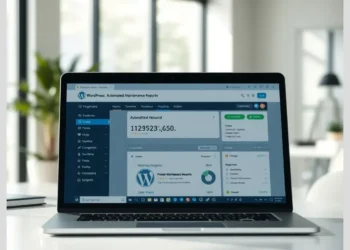 Laptop displaying a WordPress maintenance dashboard showing charts and panels that illustrate how automate wordpress maintenance reports clients