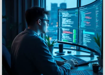 Person coding at a multi‑monitor workstation illustrating how monitor file changes wordpress early threat detection.