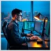 Person at a multi-monitor desk typing code and security dashboards at night illustrating how perform comprehensive wordpress security audit step step.