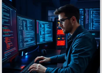 Man at a multi-monitor workstation reviewing code and logs while researching how perform forensic analysis wordpress security incident.